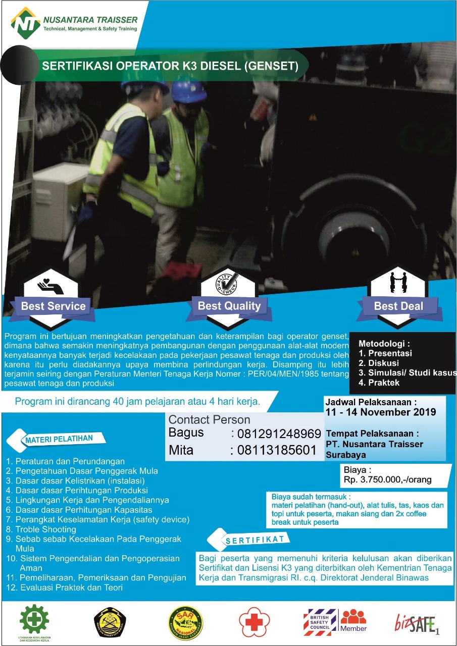 Sertifikasi Operator K3 Diesel (Genset) PT. Nusantara Traisser